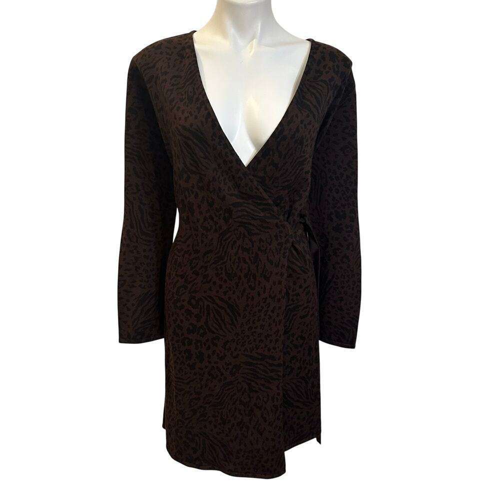 Wool Blend Leopard Print Wrap Dress sz M Long Sleeve Sweater Dress date night